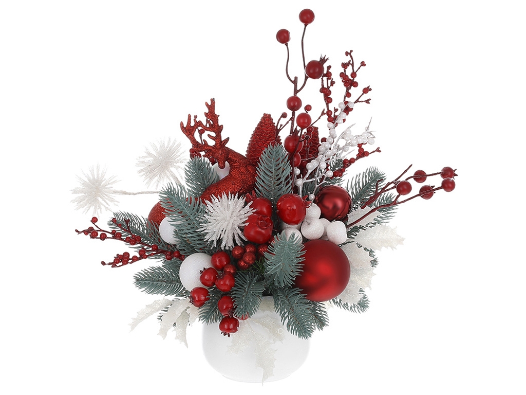 Новогодняя композиция из веток хвои, ягод и пластиковых шариков, 38см