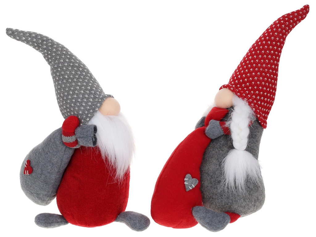 Новогодняя мягкая игрушка Гном с мешком, цвет - красный с серым, 2 дизайна, 34см (цена за 1 шт)