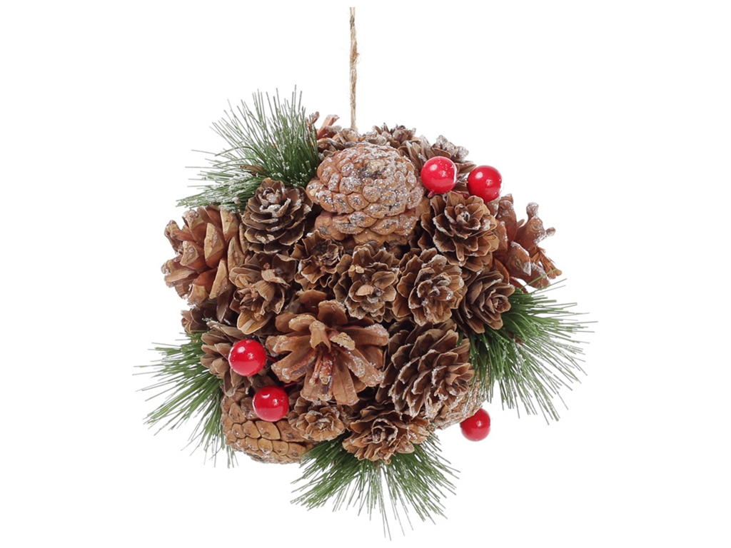 Новорічна прикраса Куля 13,5см, з декором з шишок та ягід