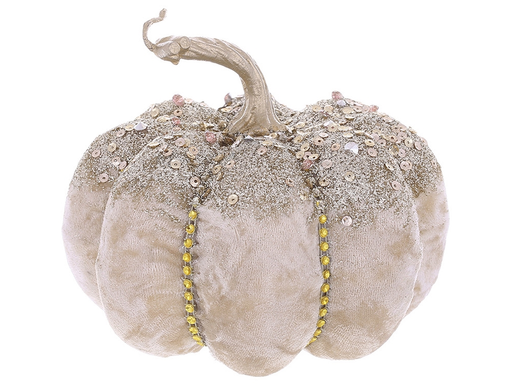 Новогодний декор Тыква с бархатным покрытием и декором из страз, цвет - нежный розовый, 19см