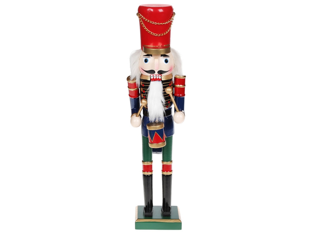Новорічний декор Лускунчик із барабаном, колір - червоний із синім і зеленим, 38см