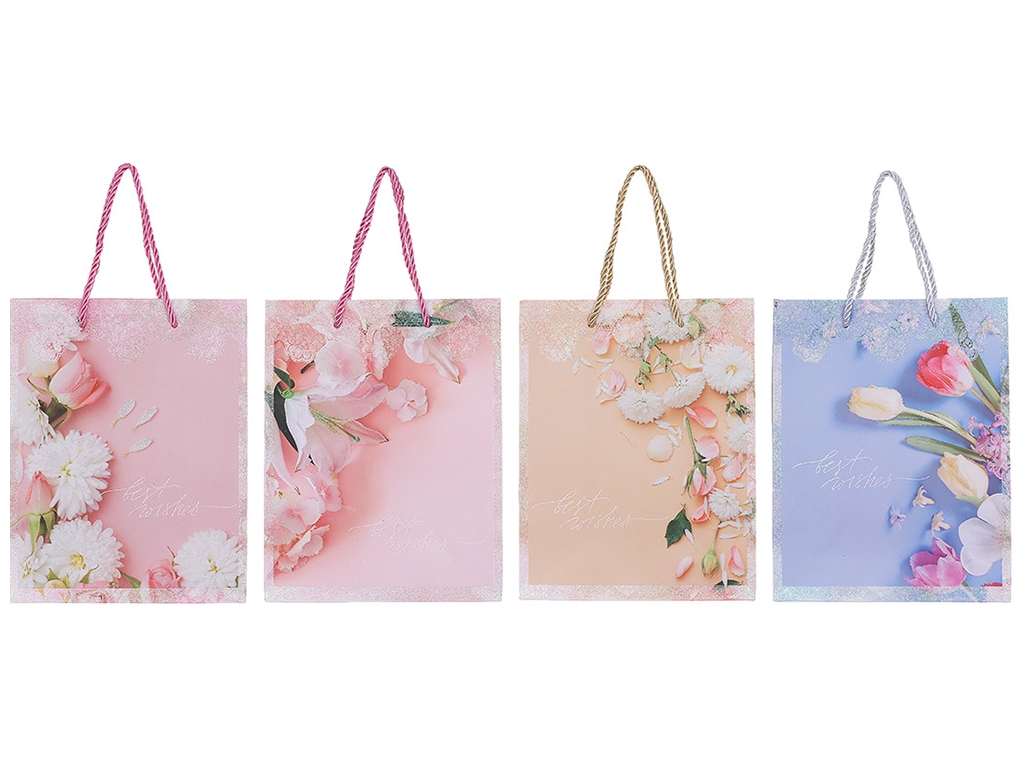Пакет подарочный 23см с цветочным принтом в глиттере, 4 дизайна (цена за 1шт)
