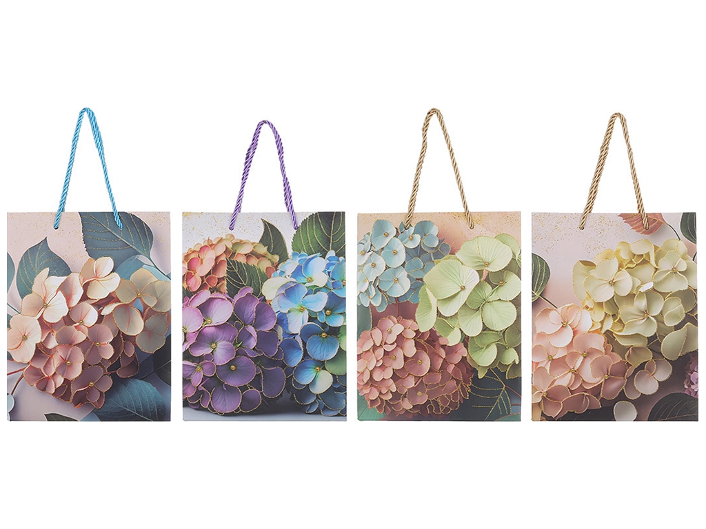 Пакет подарочный 41см с принтом Гортензия в глиттере, 4 дизайна (цена за 1шт)