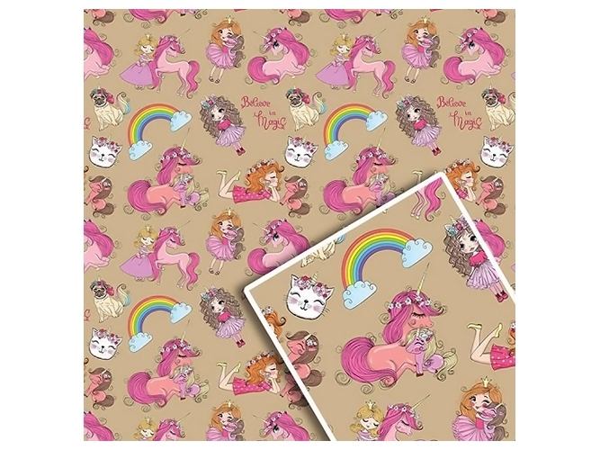 Папір пакувальний крафт Веселки-єдинороги, 70x100см, 10л/уп
