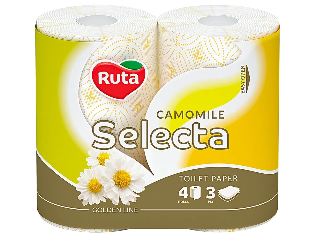 Папір туалетний Ruta Selecta, 3х шаровий, 4 рулони, з ароматом ромашки