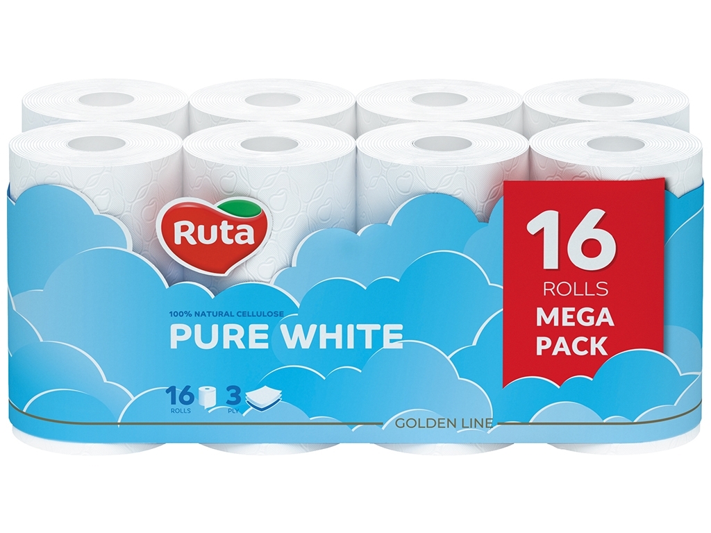 Папір туалетний Ruta Pure White, 3х шаровий, 16 рулонів, білий