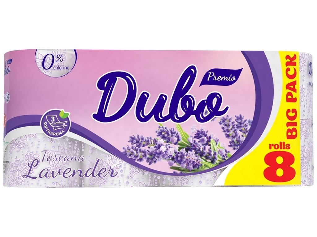Туалетная бумага Диво Premio Toscana Lavender, СГ 15г/м, 3х слойная, белая с фиол., на гильзе, 8шт