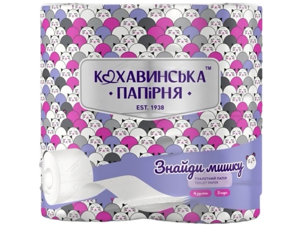 Бумага туалетная Найди мышку, целлюлоза, 3-х слойная (цена за упаковку 4шт)