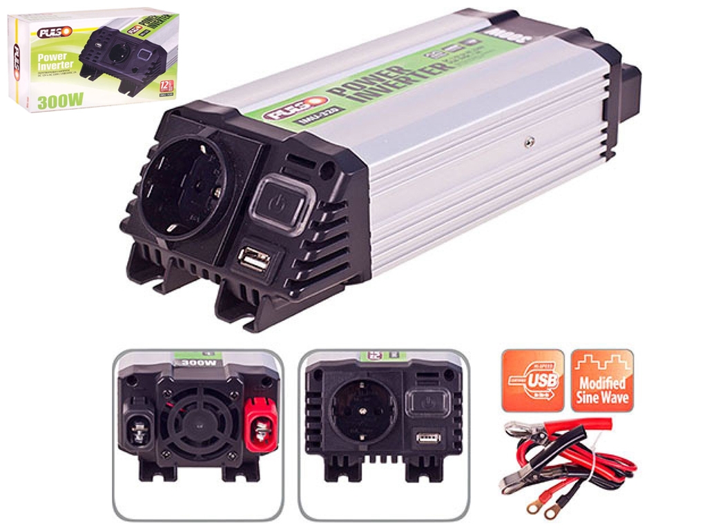 Преобразователь напряжения PULSO (IMU-320) 12V-220V, 300W, USB-5VDC2.0A, мод.волна, клеммы