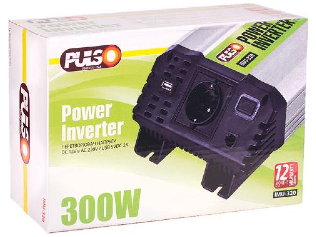 Преобразователь напряжения PULSO (IMU-320) 12V-220V, 300W, USB-5VDC2.0A, мод.волна, клеммы