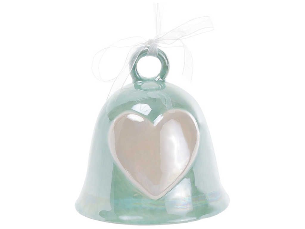 Подвесной декор колокольчик с обьемным декором Сердце, 9см, цвет - мятный перламутр (присутствует кр