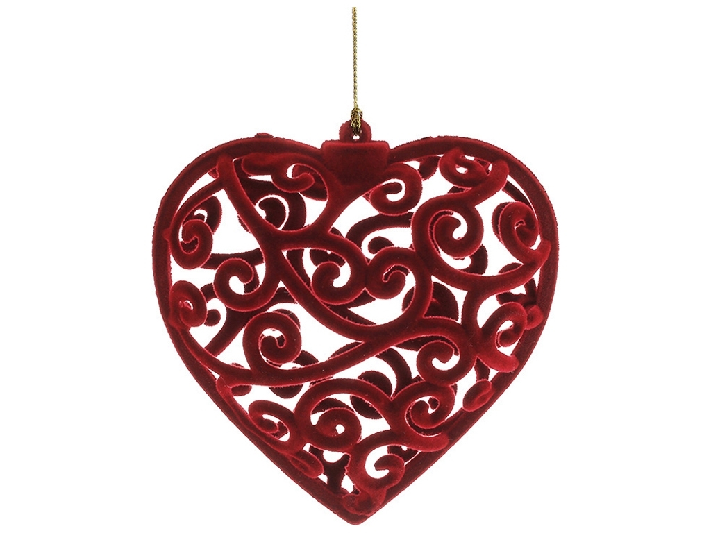 Пластиковая елочная игрушка Сердце ажурное с флоковым напылением, цвет - алый красный, 10см