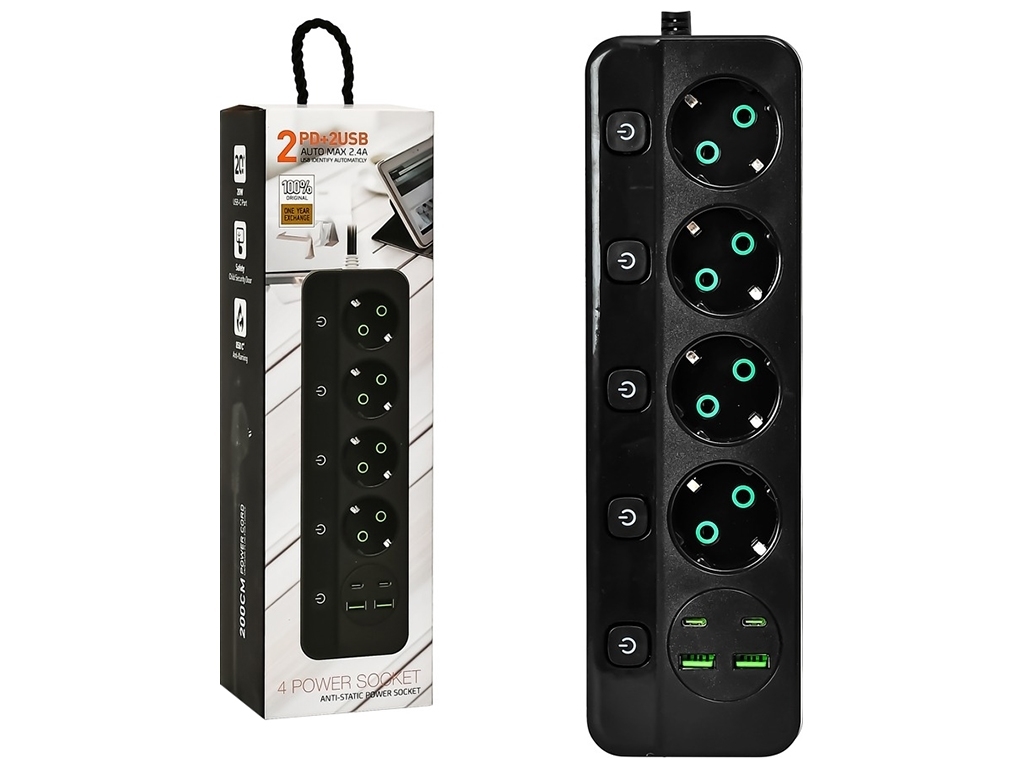 Подовжувач, 3м (4р 2USB 2PD з вимикачем) 30,5х8,8х7,6см