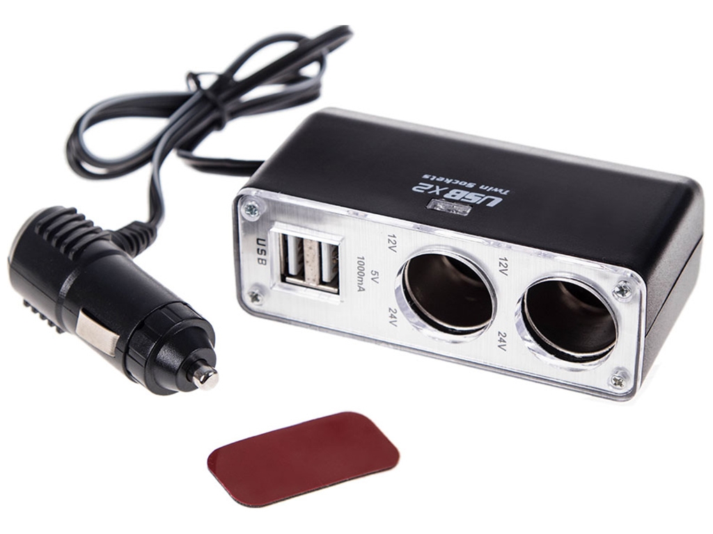 Удлинитель прикуривателя, 2 выхода, 2 USB (1000 mA), предохранитель (WF-0030)