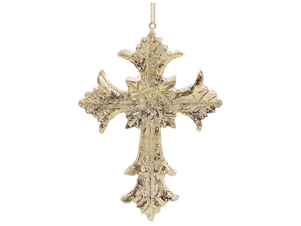 Украшение на елку Крест, цвет - золото с патиной, 15,3см