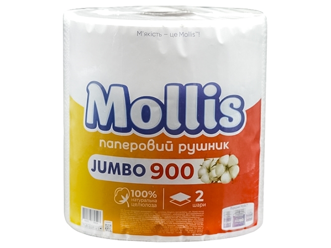 Рушник паперовий Mollis Jumbo, 2х-шарові, білі, 900 відривів