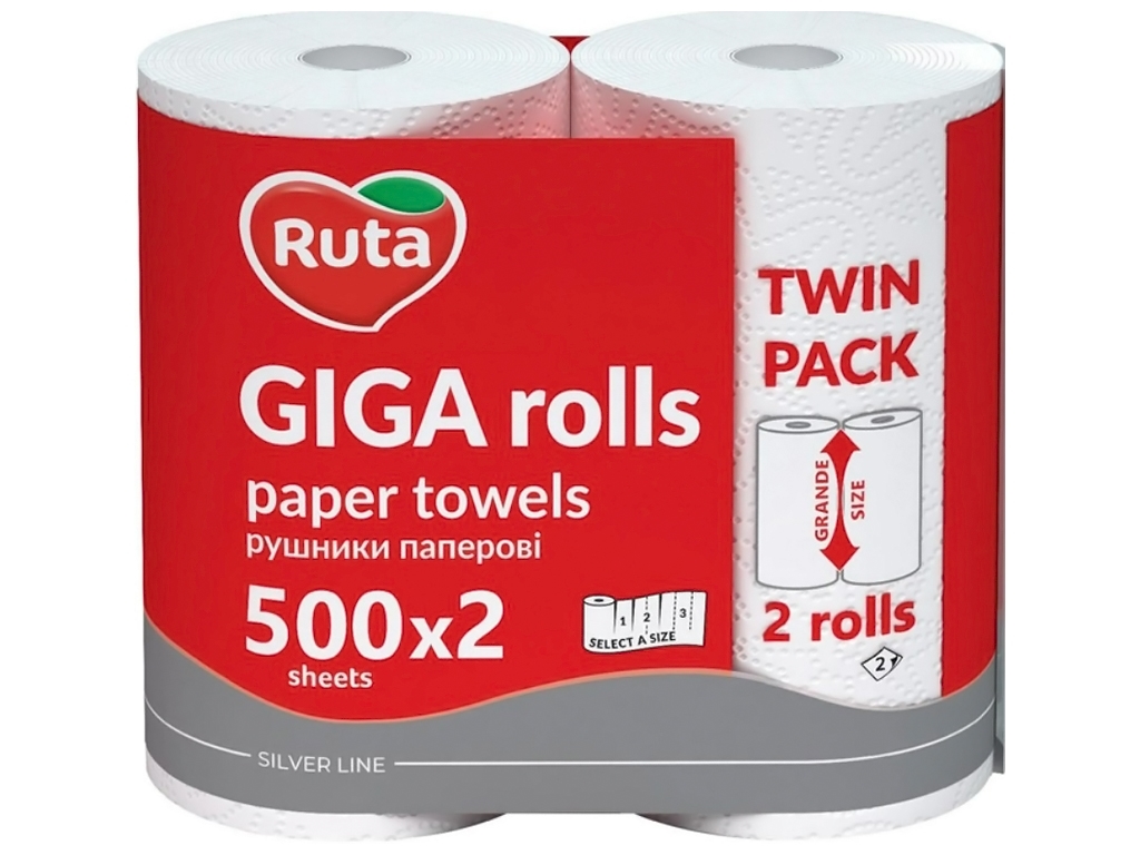 Рушники паперові Ruta Giga Rolls, 2 рулони, 2х-шарові, білі