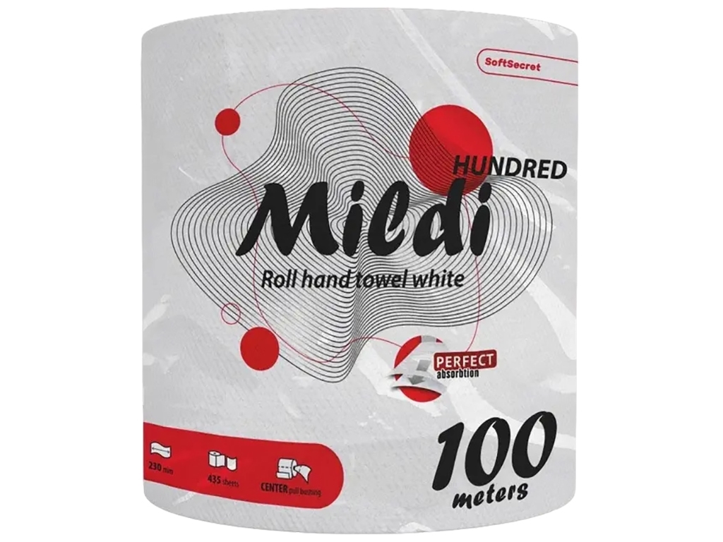Полотенца рулонные Mildi Hundred целлюлозные, двухслойные, белые, 100м (1рул в упаковке)