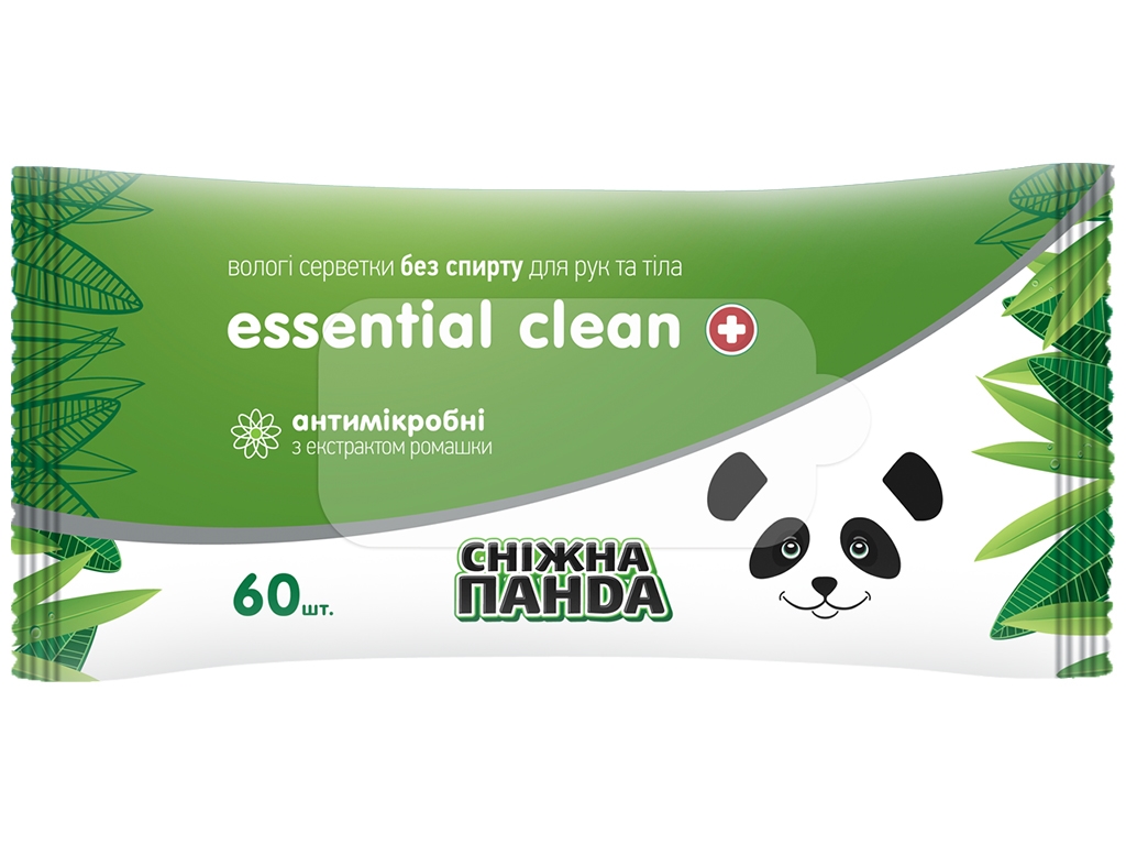 Салфетки влажные антимикробные для кожи рук и тела Сніжна панда, ромашка, без спирта, 60шт