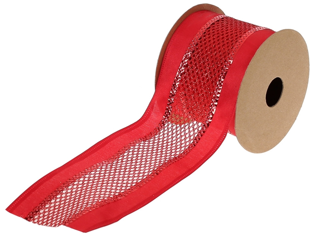 Лента декоративная, 6,3х270см, цвет - красный со вставкой из сетки