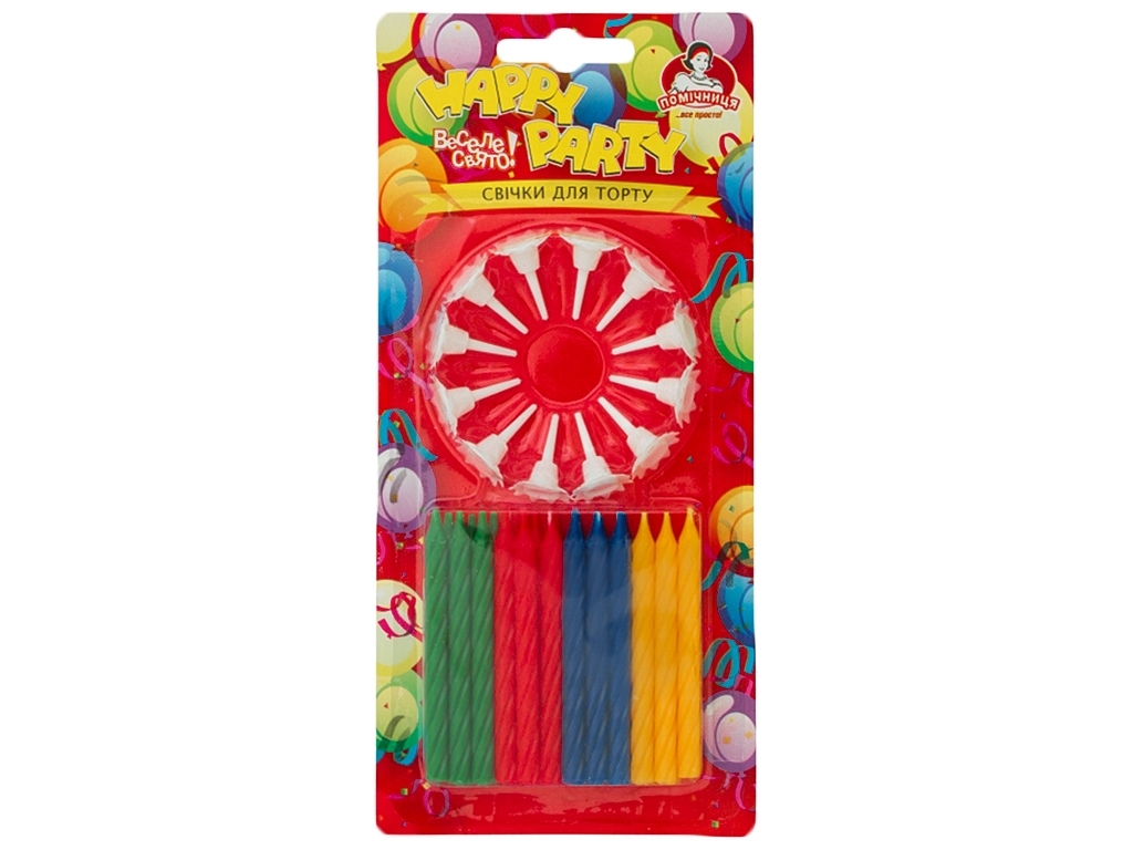 Свечи для торта яркие Помічниця Happy party 6см 24шт+12 подставок