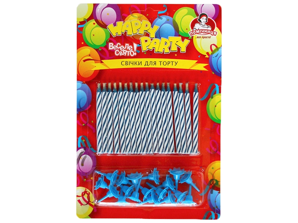 Свечки для торта магические негаснущие с подставками Помічниця Happy party синие 6см 18шт