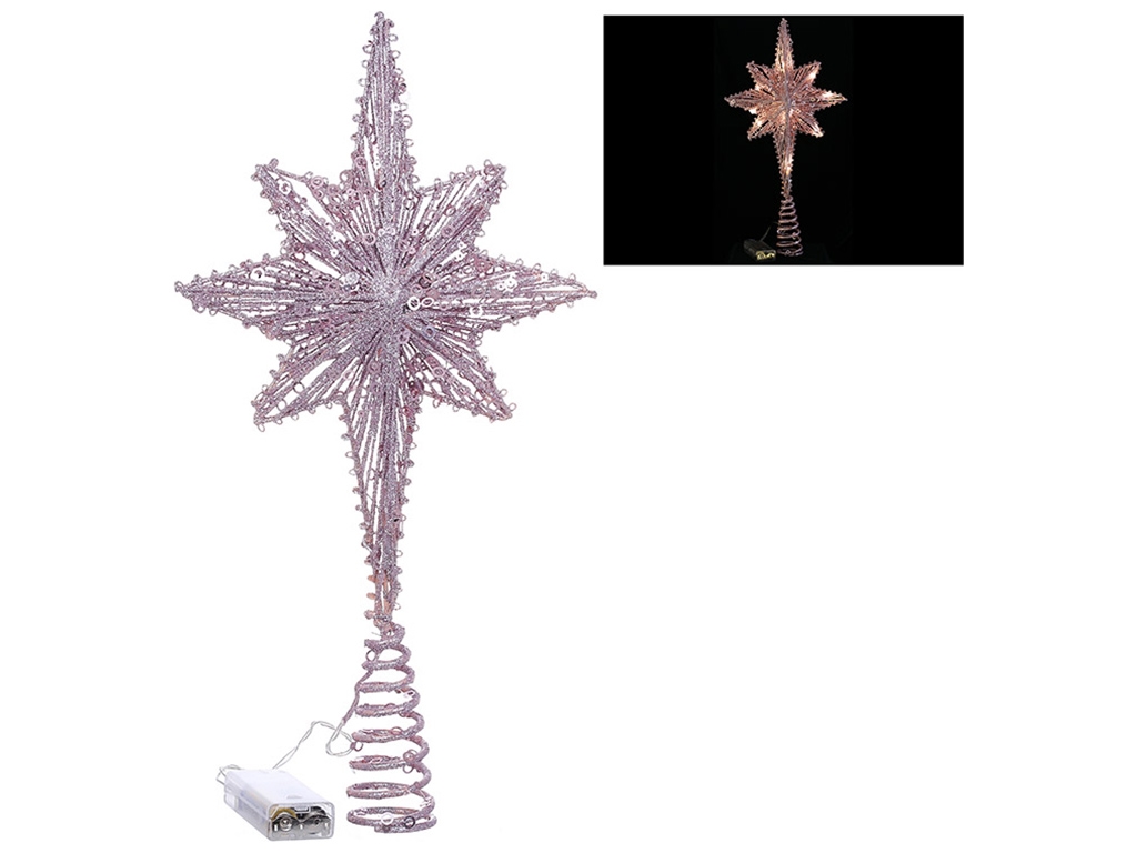 Верхівка на ялинку з підсвічуванням Зірка (10 LED лампочок від батарейок 2AA), 40см, колір рожевий