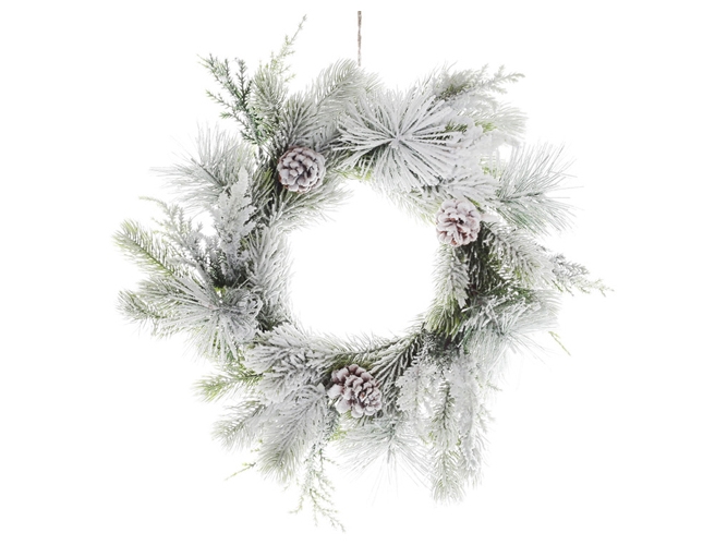 Вінок із хвої засніжений з шишками, 34см
