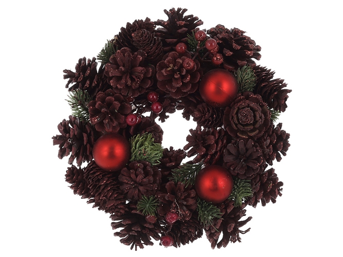 Вінок новорічний з декором із шишок і кульок, D26см, колір - бордо