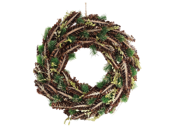 Вінок новорічний з декором із шишок і зелених гілок, D40см