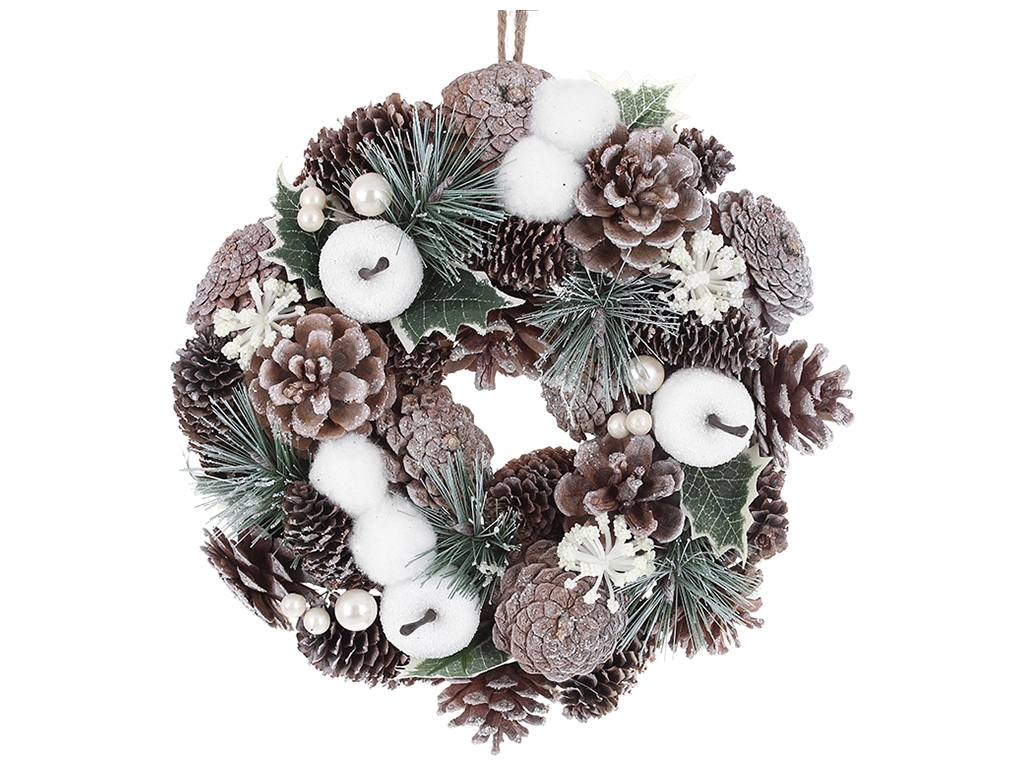 Вінок новорічний з шишок з декором з листя, ягід та яблучок, 25см, колір білий