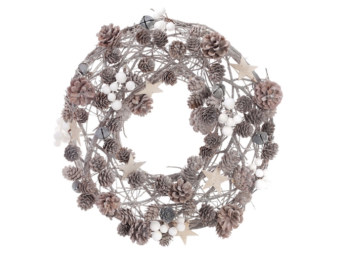 Вінок з натуральних шишок з декором, колір - натуральний з білим D41см