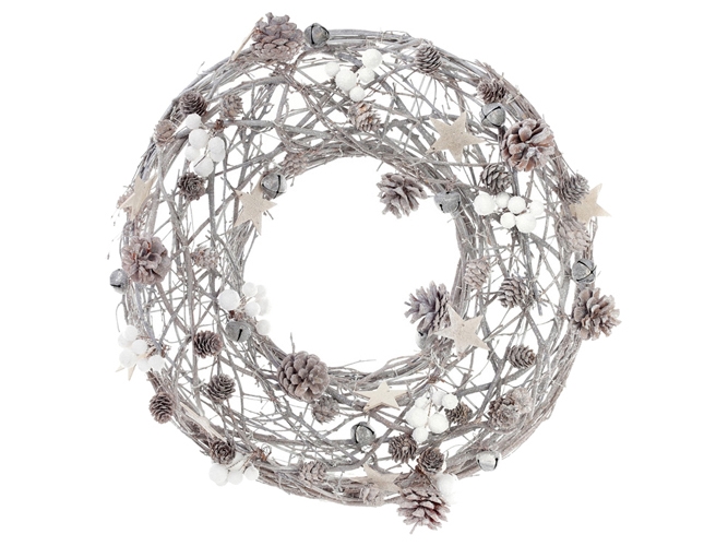 Вінок з натуральних шишок з декором, колір - натуральний з білим, D49см