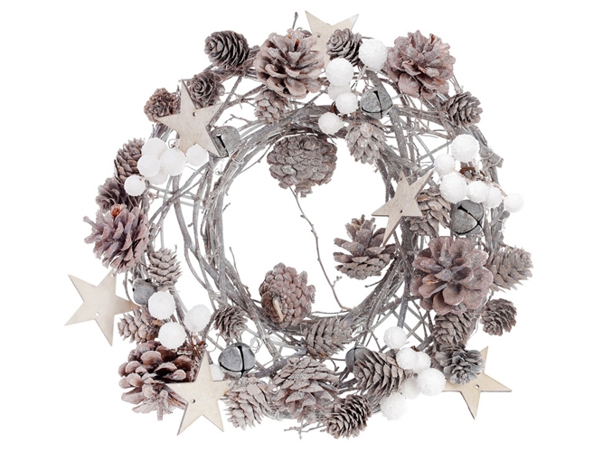 Вінок з натуральних шишок з декором, колір - натуральний з білим D31см