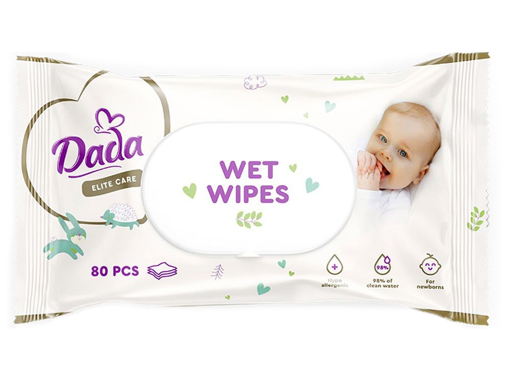 Салфетки влажные для детей с первых дней жизни Dada Elite Care, без спирта, с клапаном, 80шт
