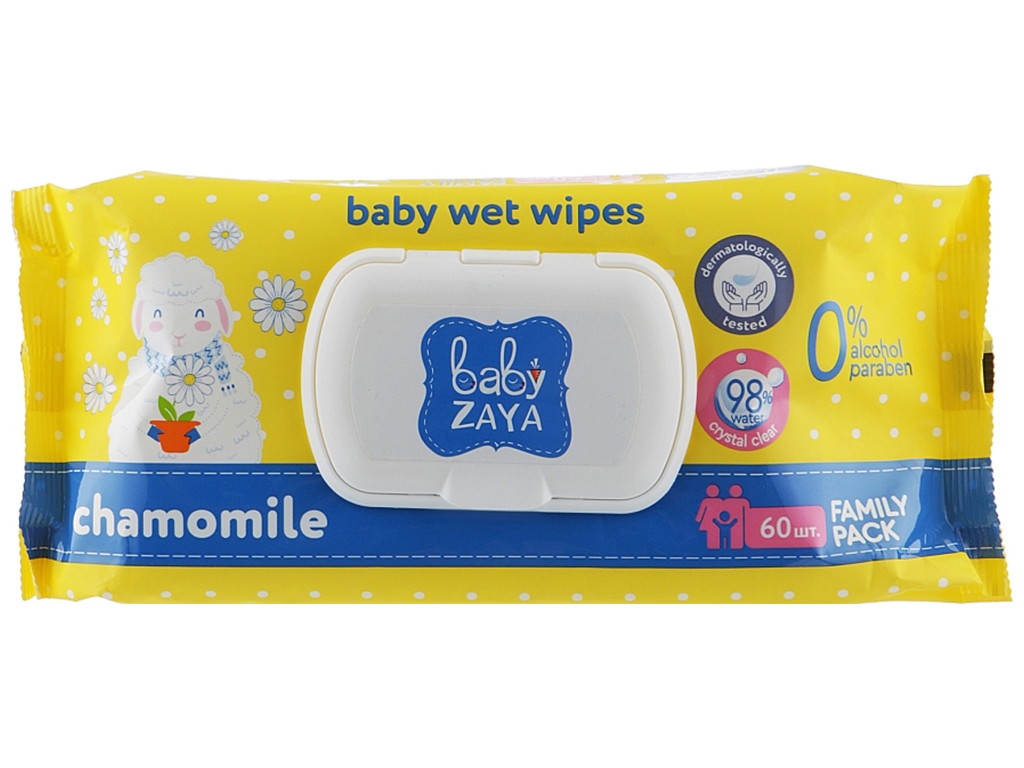 Серветки вологі дитячі Baby Zaya, з екстрактом ромашки, з клапаном, 60шт