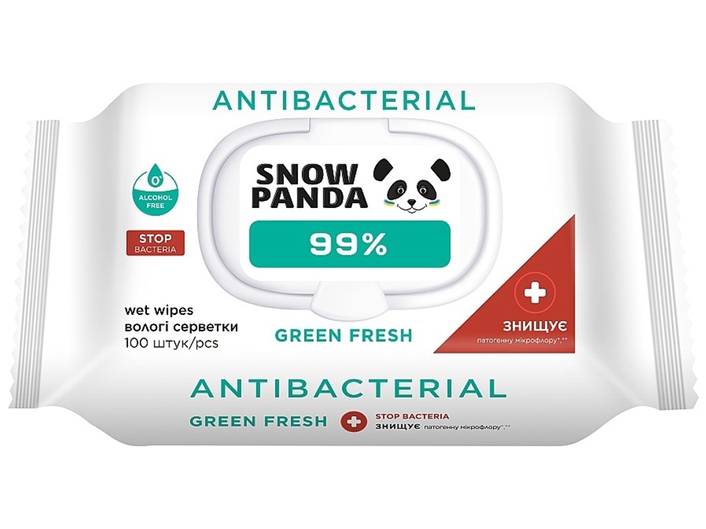 Салфетки влажные для кожи рук и тела Сніжна Панда, с антимикробным действием, с клапаном, 100шт