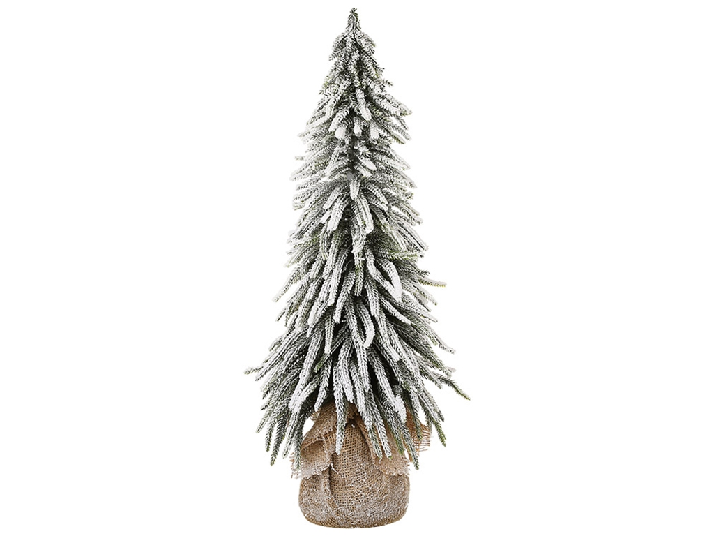 Елка декоративная заснеженная в джутовом мешочке, 25x25x77см