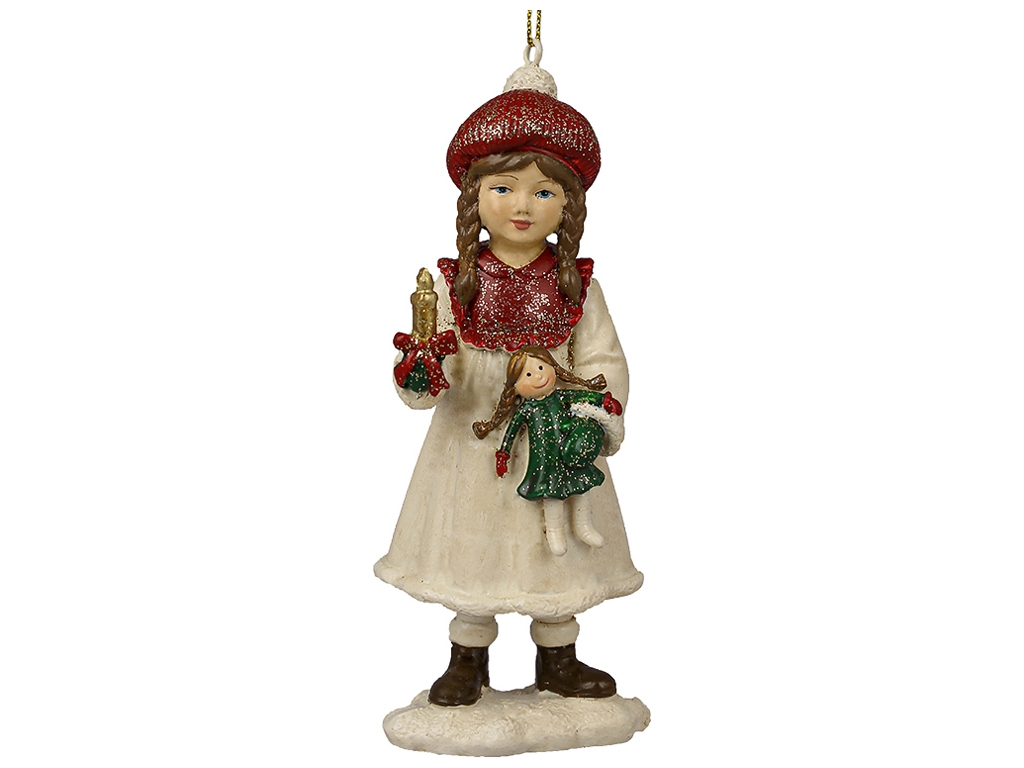 Ёлочная игрушка Девочка с куклой, 5х12,5см, цвет - кремово - красный с зеленым