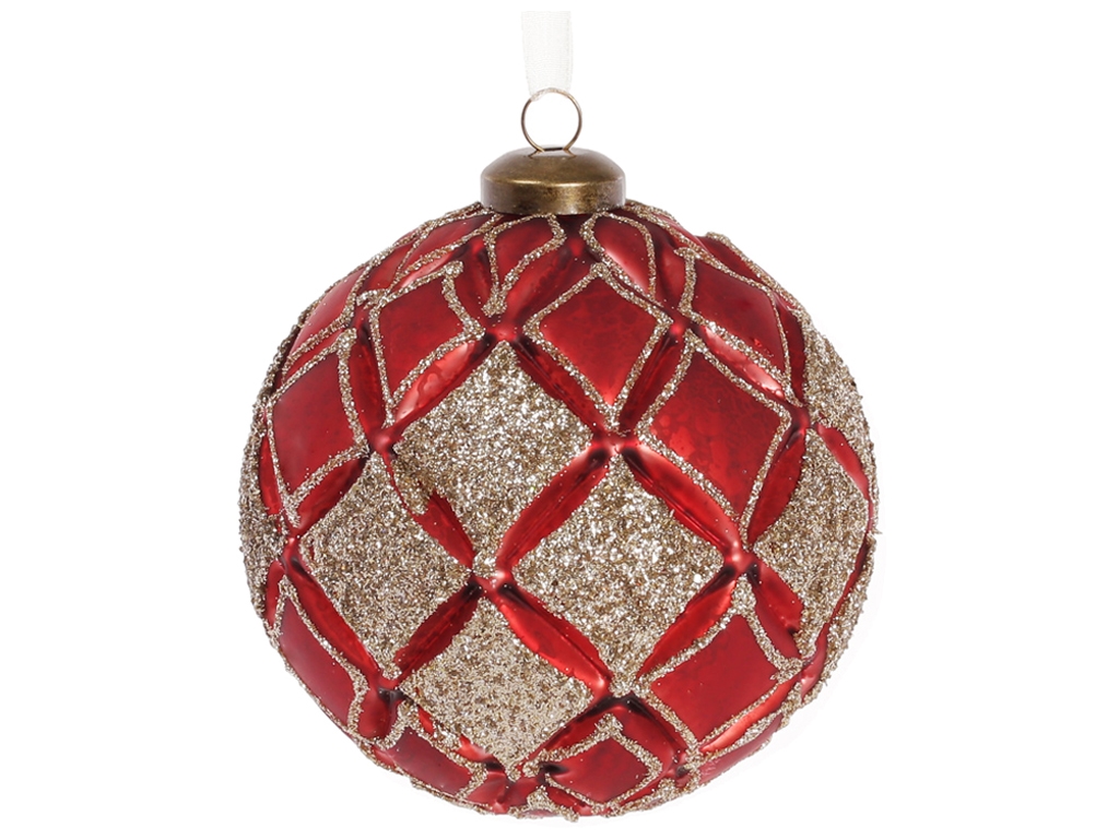 Ёлочный шар матовый с декором, 10см, цвет - красный гренадин