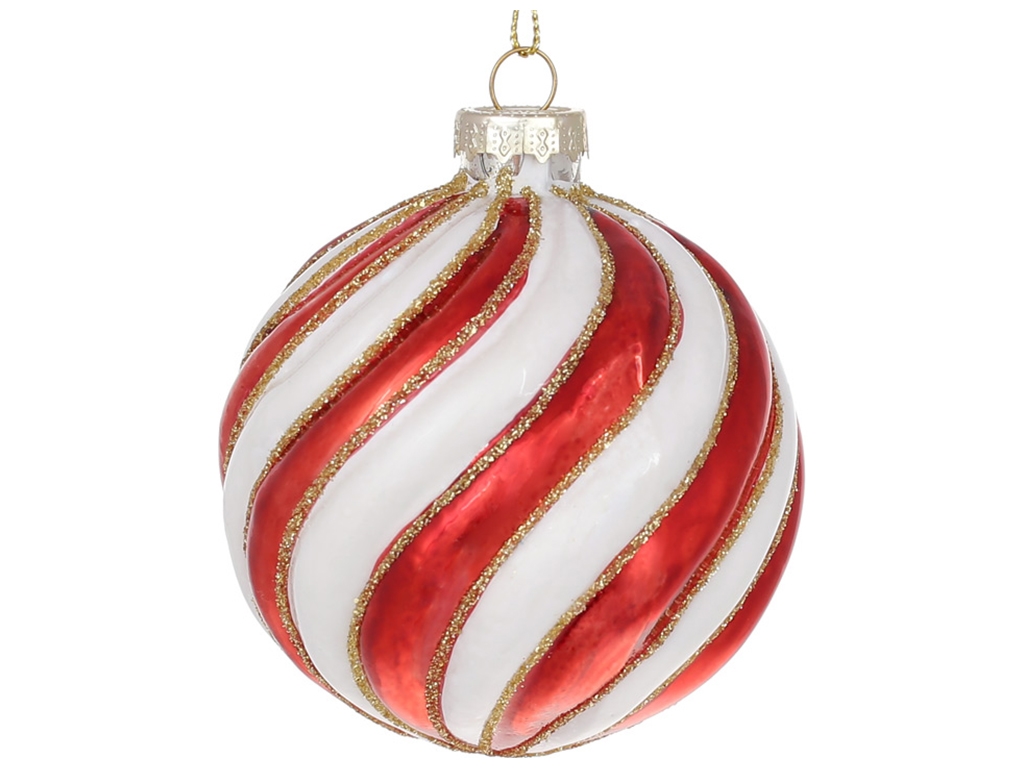 Ялинкова куля рельєфної форми з декором з гліттера, колір - червоно-білий, 8см