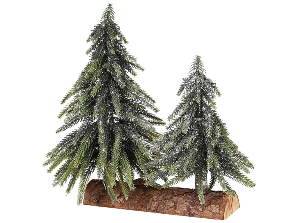 Ялинки декоративні зі срібною присипкою на підставці з дерева, 28см
