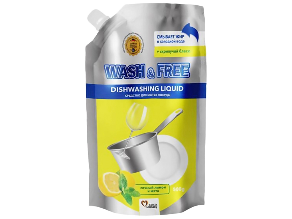 Засіб для миття посуду Wash&Free Соковитий лимон і м'ята, скрипучий блиск, дойпак 500г