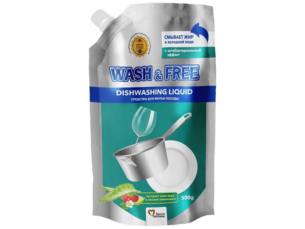 Засіб для миття посуду Wash&Free Екстракт алое вера і лісової суниці, антибак. еф. дойпак 500г