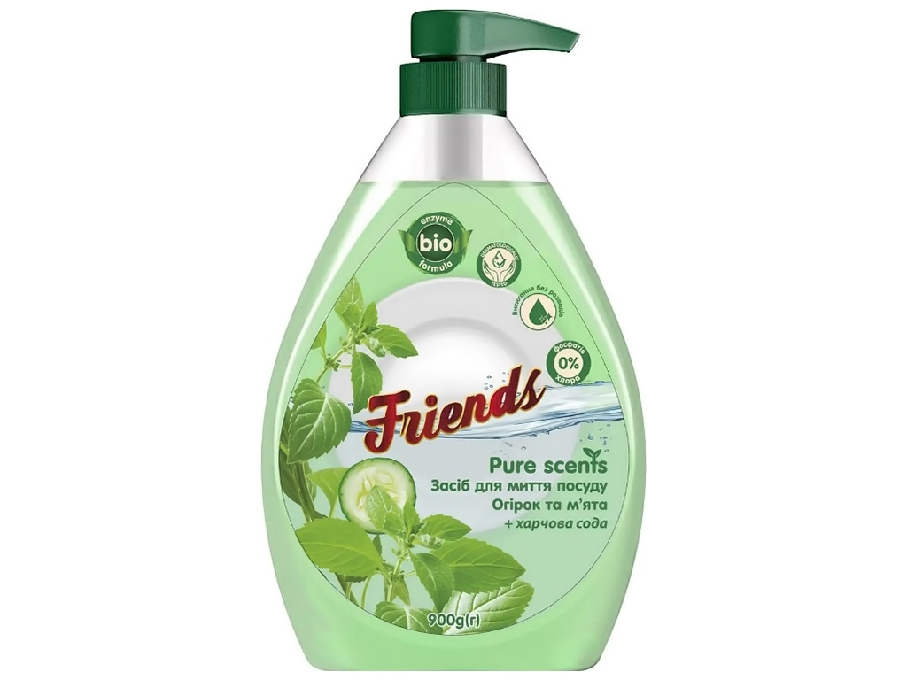 Засіб для миття посуду Friends Pure scents Огірок та м'ята, з дозатором, 900мл